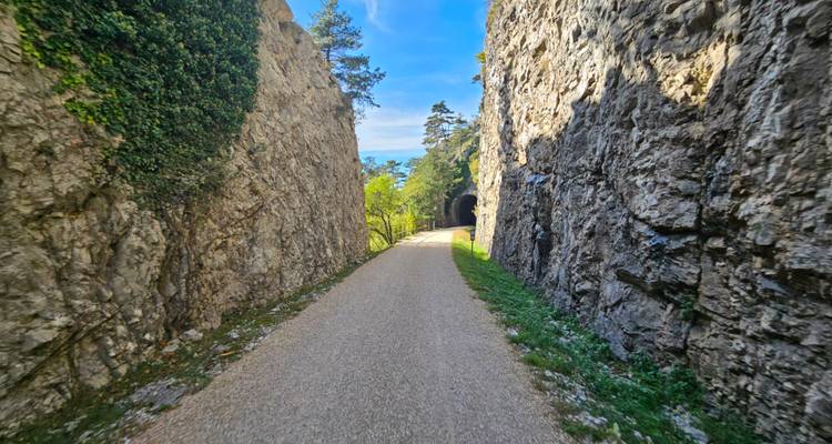 Paved path between tall rocky cliffs with green foliage.