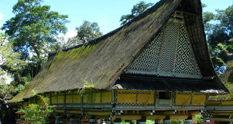 Traditional Indonesian stilt house with a steep thatched roof and ornate geometric wall patterns surrounded by lush trees.