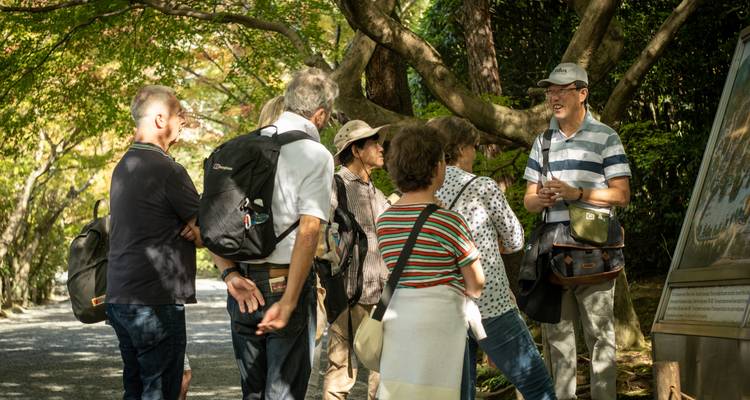 Le guide parle à un petit groupe de touristes sous des arbres feuillus le long d'un sentier ombragé