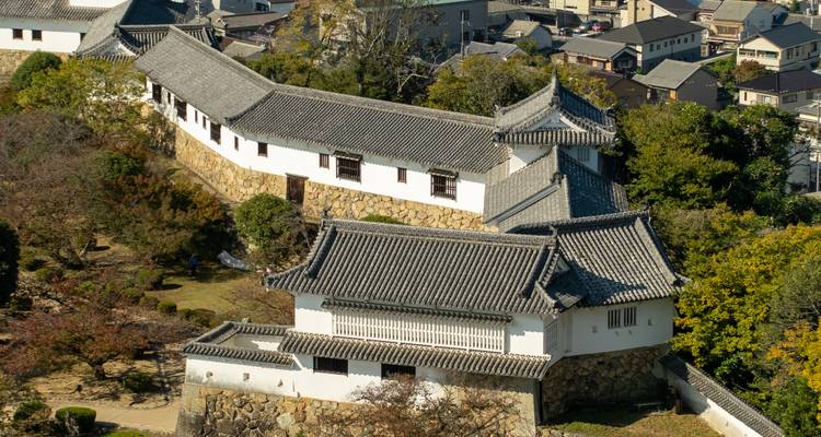 Vue aérienne des murs défensifs blancs et des toits en tuiles d'un complexe historique de château japonais