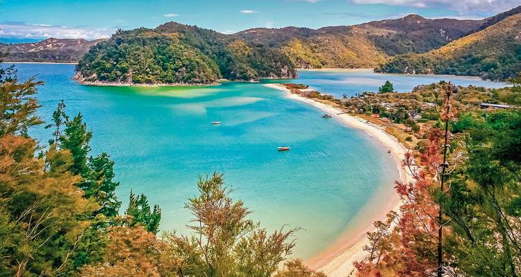 Baie bleu clair avec des plages de sable et une île boisée.