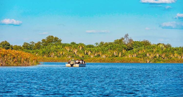 Un groupe de personnes sur un bateau sur une rivière entourée d'une végétation luxuriante.