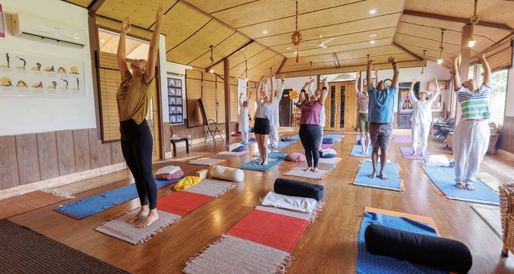 Cours de yoga en intérieur avec des personnes pratiquant des postures ensemble.