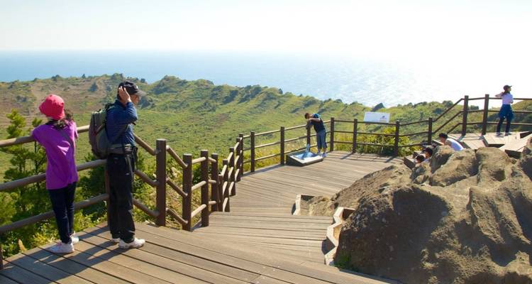 Des touristes prennent des photos à un point de vue à Jeju-do.