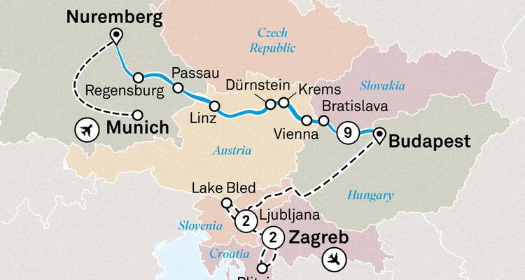 Mapa turístico ilustrado que muestra la ruta de Múnich a Budapest con paradas clave.