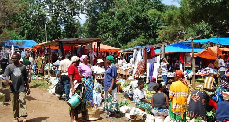 Marché animé en plein air avec des étals colorés, des produits frais et des acheteurs vêtus de façon éclatante
