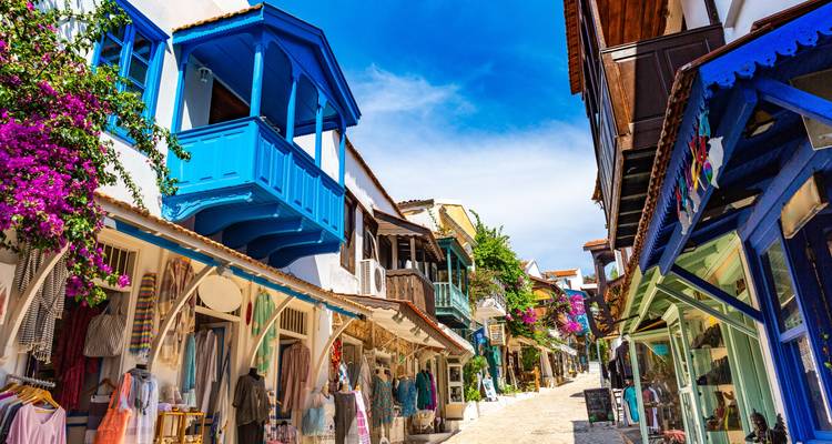 Colorful street with shops and flowers.
