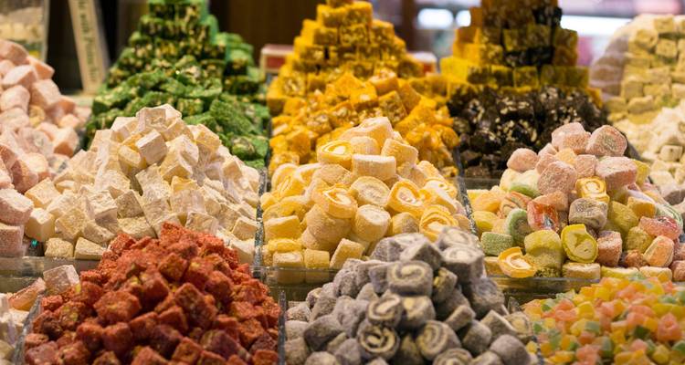 Variety of colorful Turkish delight in a market.