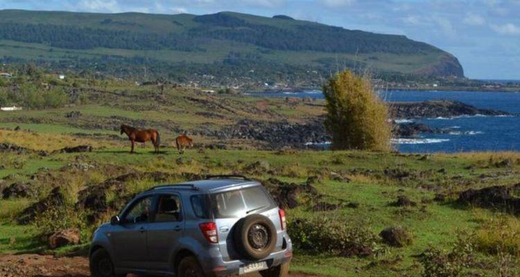 4x4 vehicle parked on a rugged coastal plain with grazing horses and rocky shoreline in view.