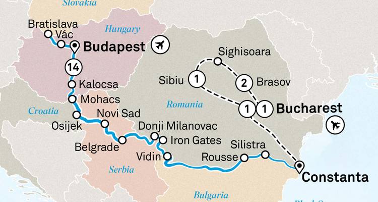 Carte décrivant un itinéraire de voyage à travers la Hongrie, la Roumanie, la Serbie et la Bulgarie.