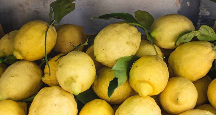 Tas de citrons frais avec des feuilles vertes.