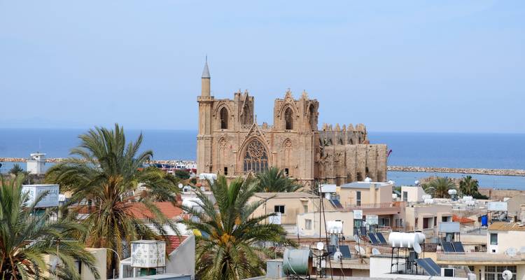 Cathédrale historique entourée d'une petite ville et de palmiers.