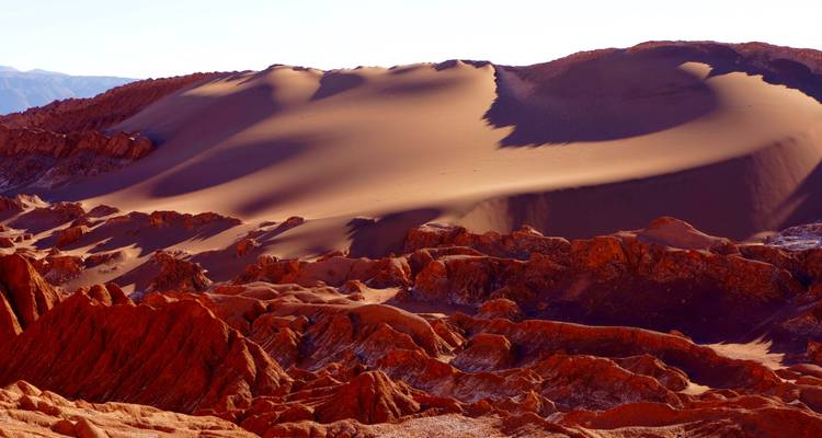 Dramatisch woestijnlandschap met golvende zandduinen.