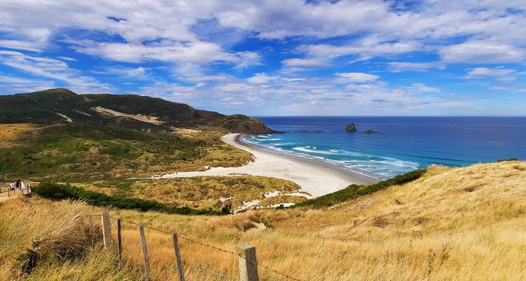 Schilderachtig kustgezicht van een strand met een uitkijkpunt.