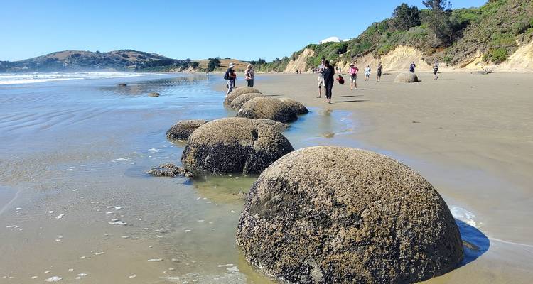 Rocas de Moeraki en una playa con gente caminando alrededor.