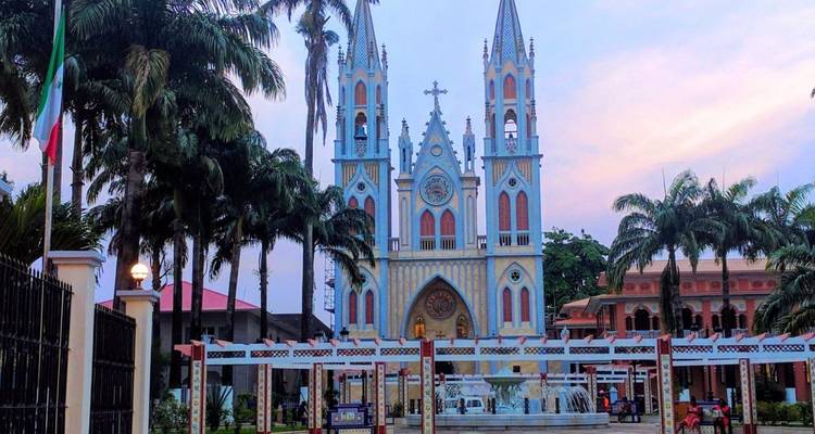 A church with a fountain surrounded by palm trees.