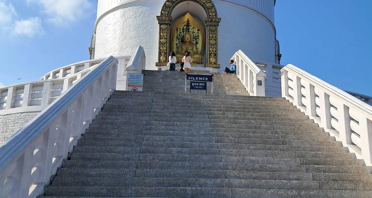 Grote witte stupa met gouden standbeeld bovenaan de stenen trappen.