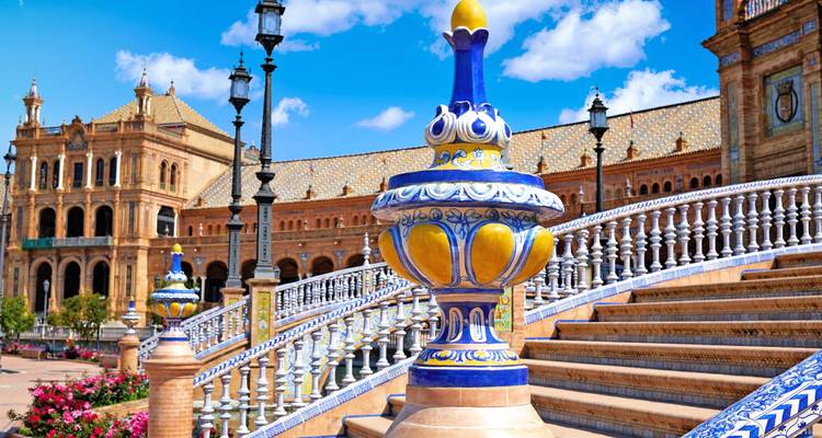 Colorful ceramic ornamentation with Spanish-style architecture.