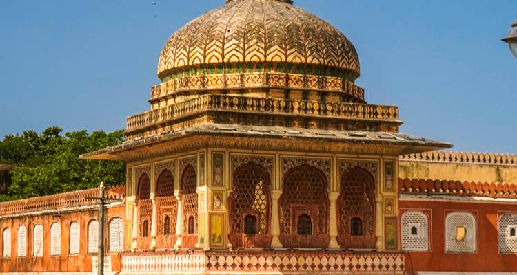 Arched building with intricate designs.