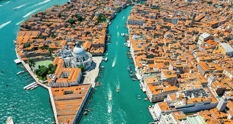 Aerial view of Venice canals and buildings