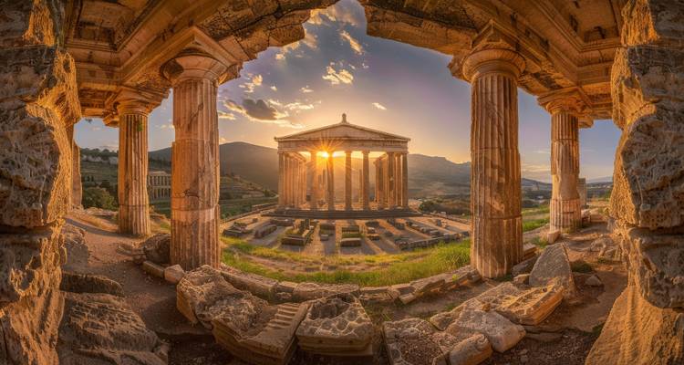Ancient ruins of a temple with the sun setting behind it.