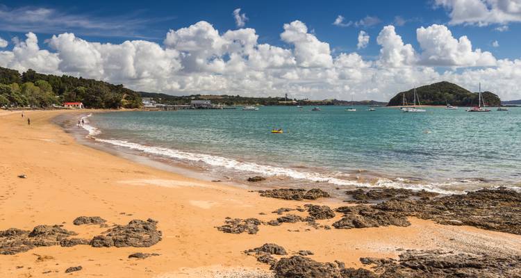 Plage de sable avec des bateaux et des gens sous un ciel bleu.