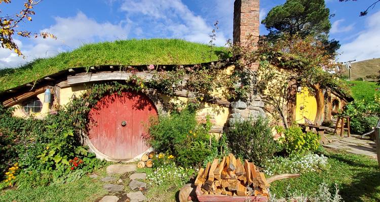 Ein Haus im Auenland-Stil mit einer runden Tür und üppigem Grün.