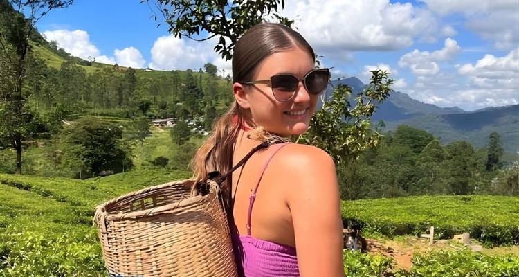 Vrouw in een theeplantage met bergen op de achtergrond.