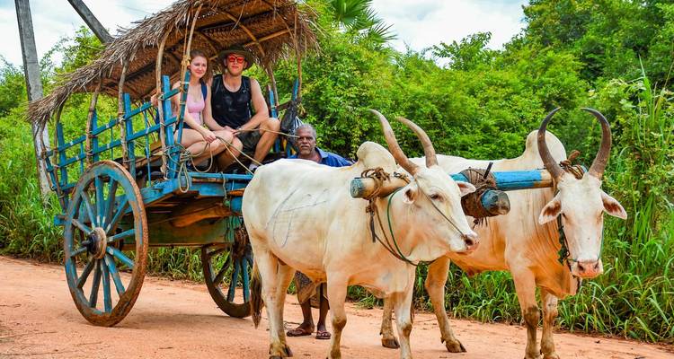 Twee toeristen op een ossenkarrit vergezeld door een lokale gids.