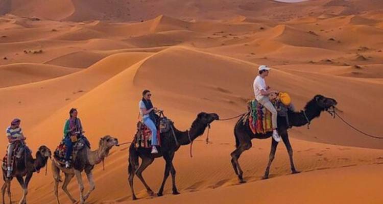 A group of people on camels traveling through the desert dunes.