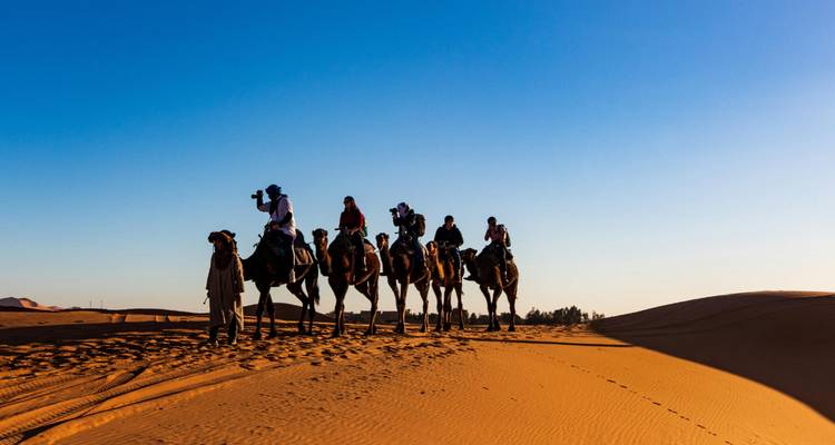 Silhouettes of people on camels against the desert sky.