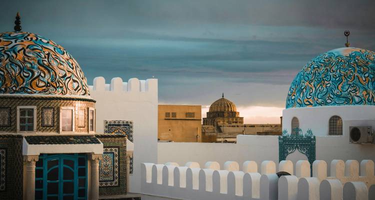 Bâtiments et structures à coupoles ornées avec carrelage complexe.