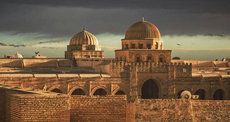 Grande mosquée aux dômes ornés sous un ciel dramatique.