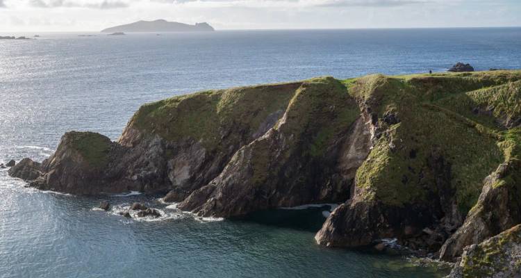 Steep grassy cliffs meet the sea with a distant island visible beneath soft afternoon light.