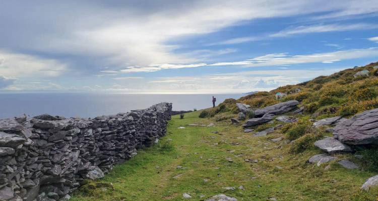 Stone wall snakes toward the sea across open grassland with a lone figure framed against a glowing horizon.