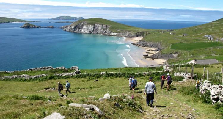 Hikers descend a grassy slope toward a stunning turquoise bay and sandy beach.