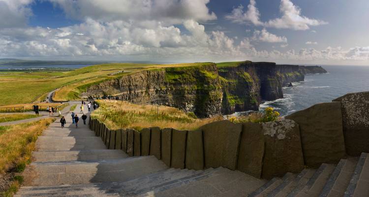 Panoramic view of famous cliffs with a pathway and ocean.