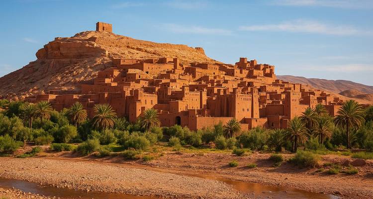 Ait Benhaddou met heldere blauwe lucht en rode kleigebouwen.
