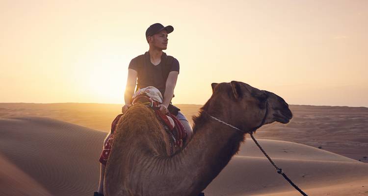 Ein Mann reitet auf einem Kamel über sanfte, von zartem Sonnenlicht beleuchtete Dünen in der Sahara.