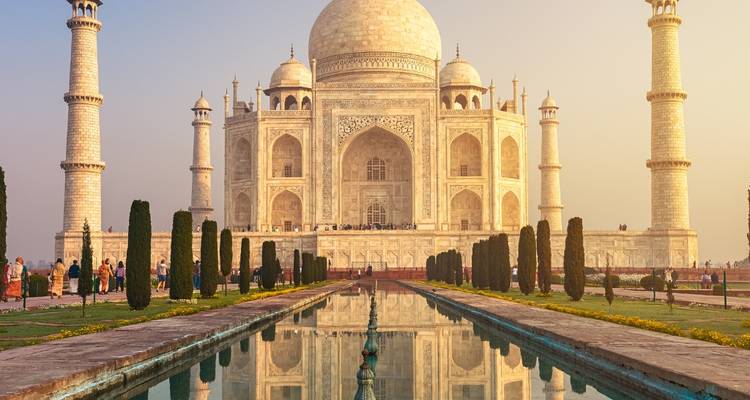 The Taj Mahal with its reflection in the water in front.