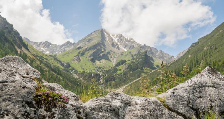 Majestätische Bergkette mit felsigem Vordergrund.