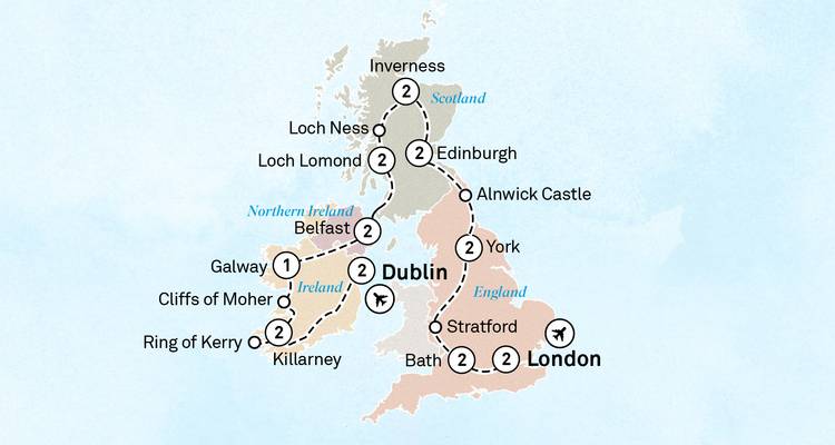 Stylised itinerary map of the United Kingdom and Ireland highlighting major stops and flight connections.