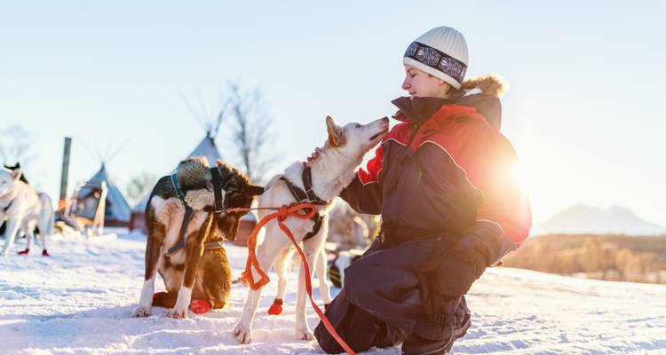 Un voyageur en tenue de neige caresse un husky avec le soleil levant créant un halo lumineux en arrière-plan dans un campement enneigé avec des tipis.