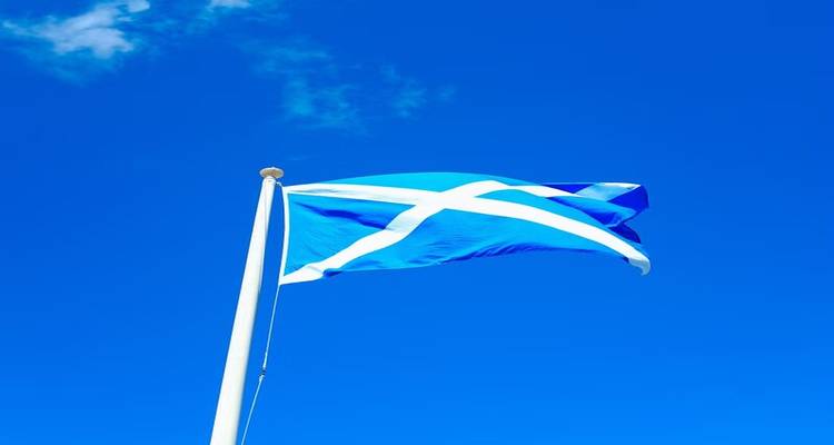 Saltire flag of Scotland flying against a clear blue sky.