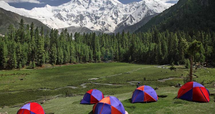 Tents in a scenic meadow with mountainous backdrop.
