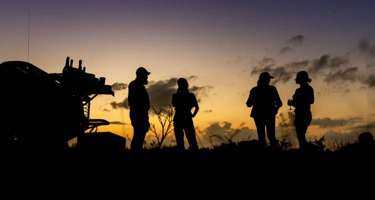 Silhouetted group of people against a sunset.
