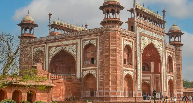 Exterior view of the main gate of the Taj Mahal complex.