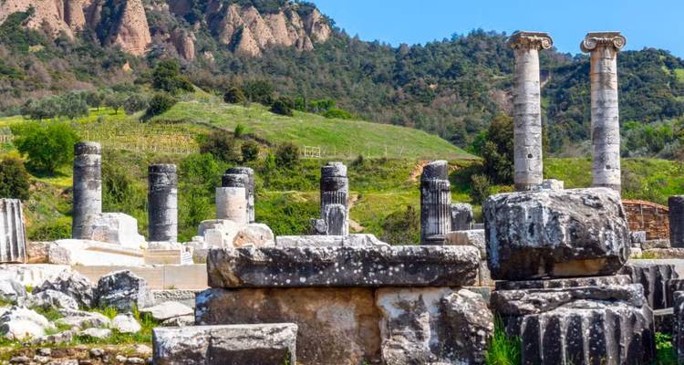 Ruinas antiguas con columnas en un sitio arqueológico.