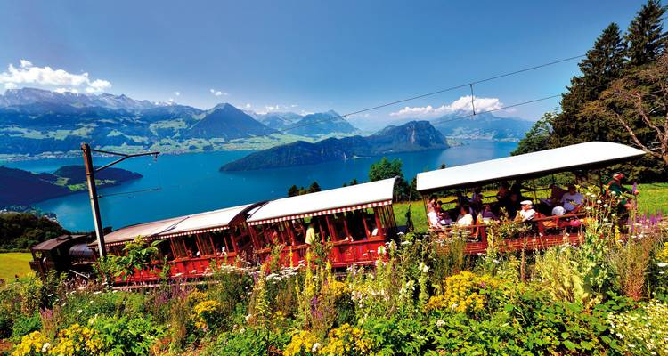 Train avec vue panoramique sur le paysage et les montagnes.