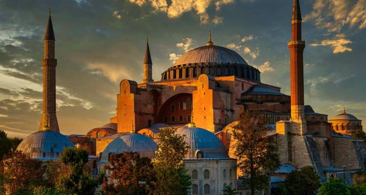 Historical mosque lit by the evening sun.